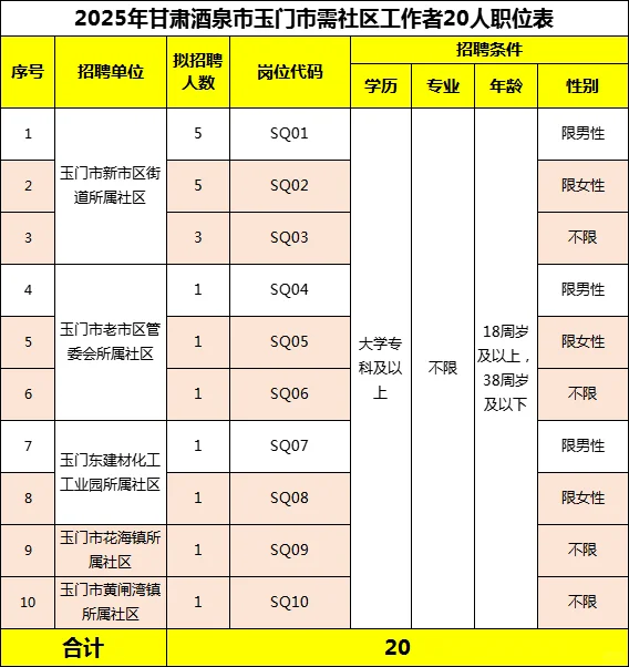 2025年酒泉玉门市招聘社区工作者20人公告