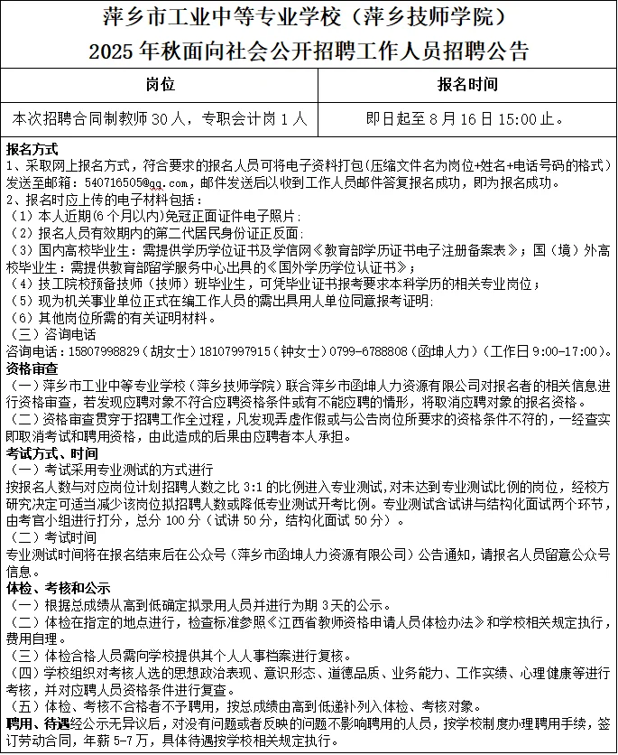 萍乡市工业中等专业学校2025年招聘公告