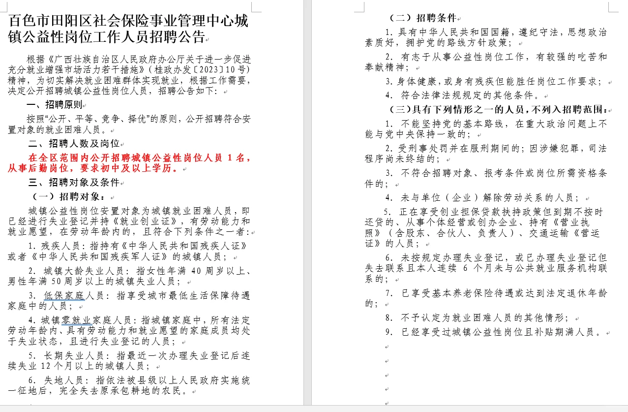 百色市田阳公益性岗位工作人员招聘