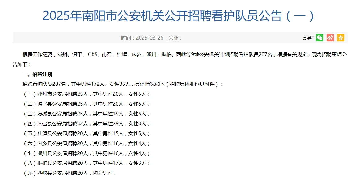 2025年南阳市公安机关招聘看护队员207人