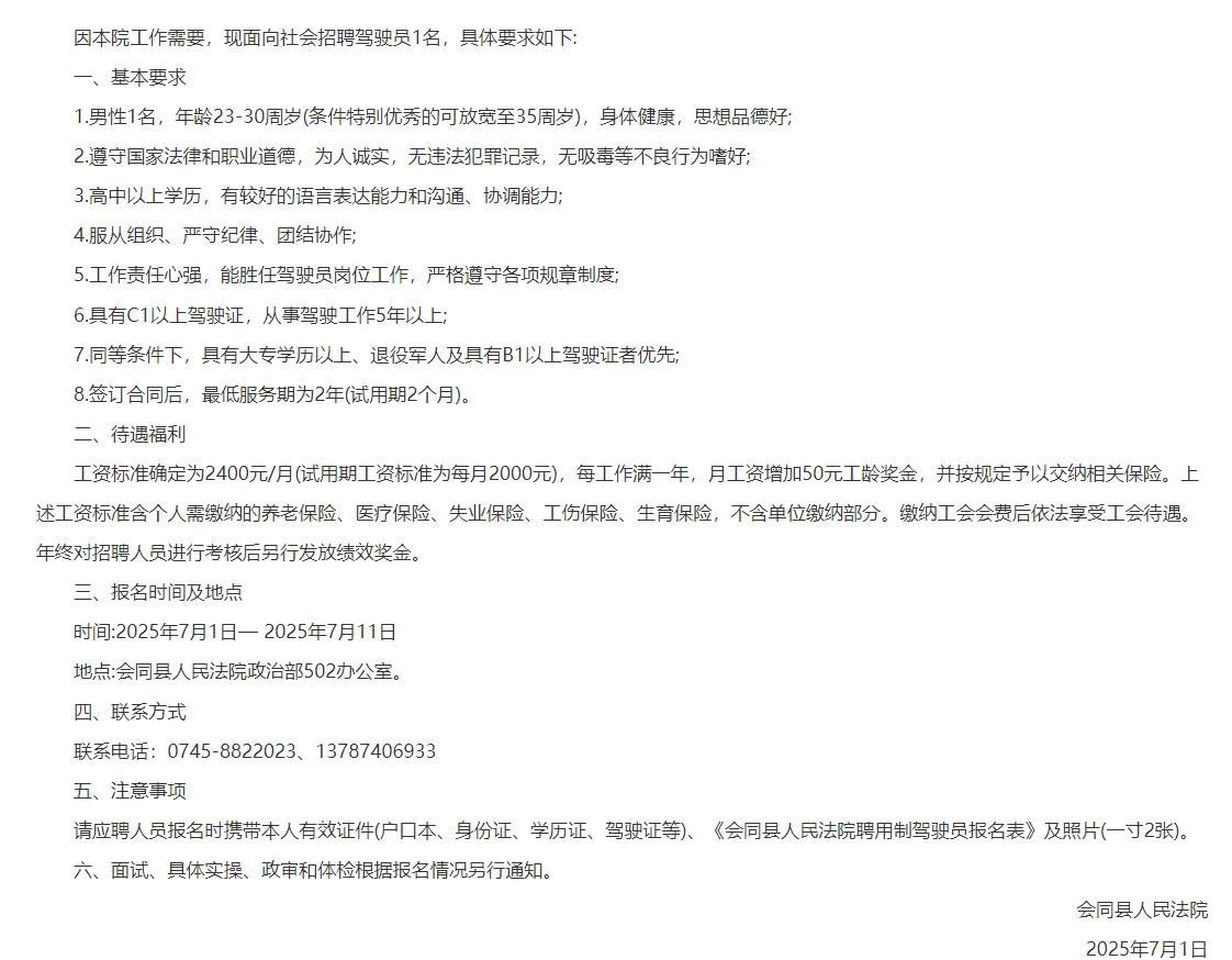 2025湖南怀化会同县人民法院公开招聘驾驶员