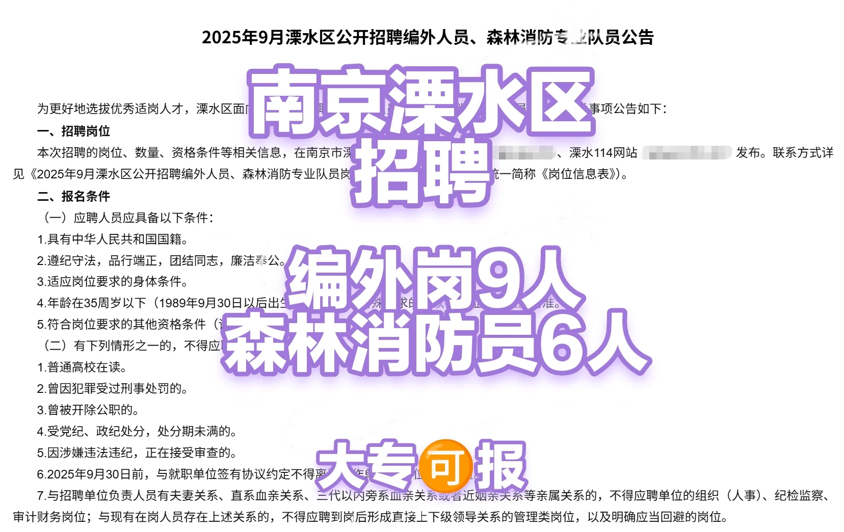 南京市溧水区招聘编外岗15人