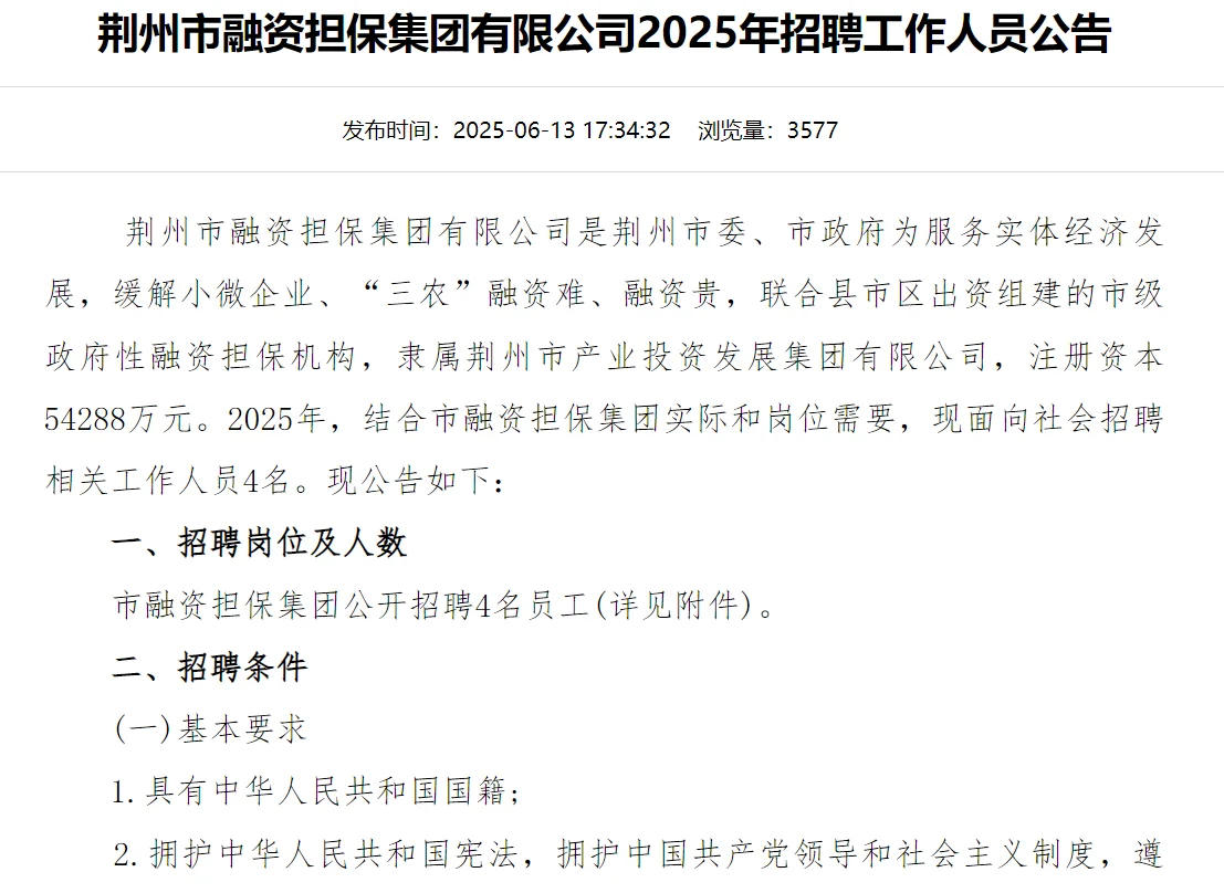 荆州市融资担保集团有限公司2025年社会公开