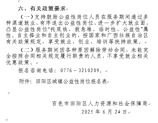 百色市田阳公益性岗位工作人员招聘