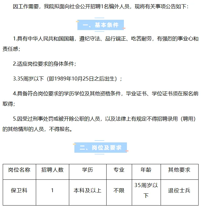 莆田秀屿区医院！办证岗/保卫科！专业不限