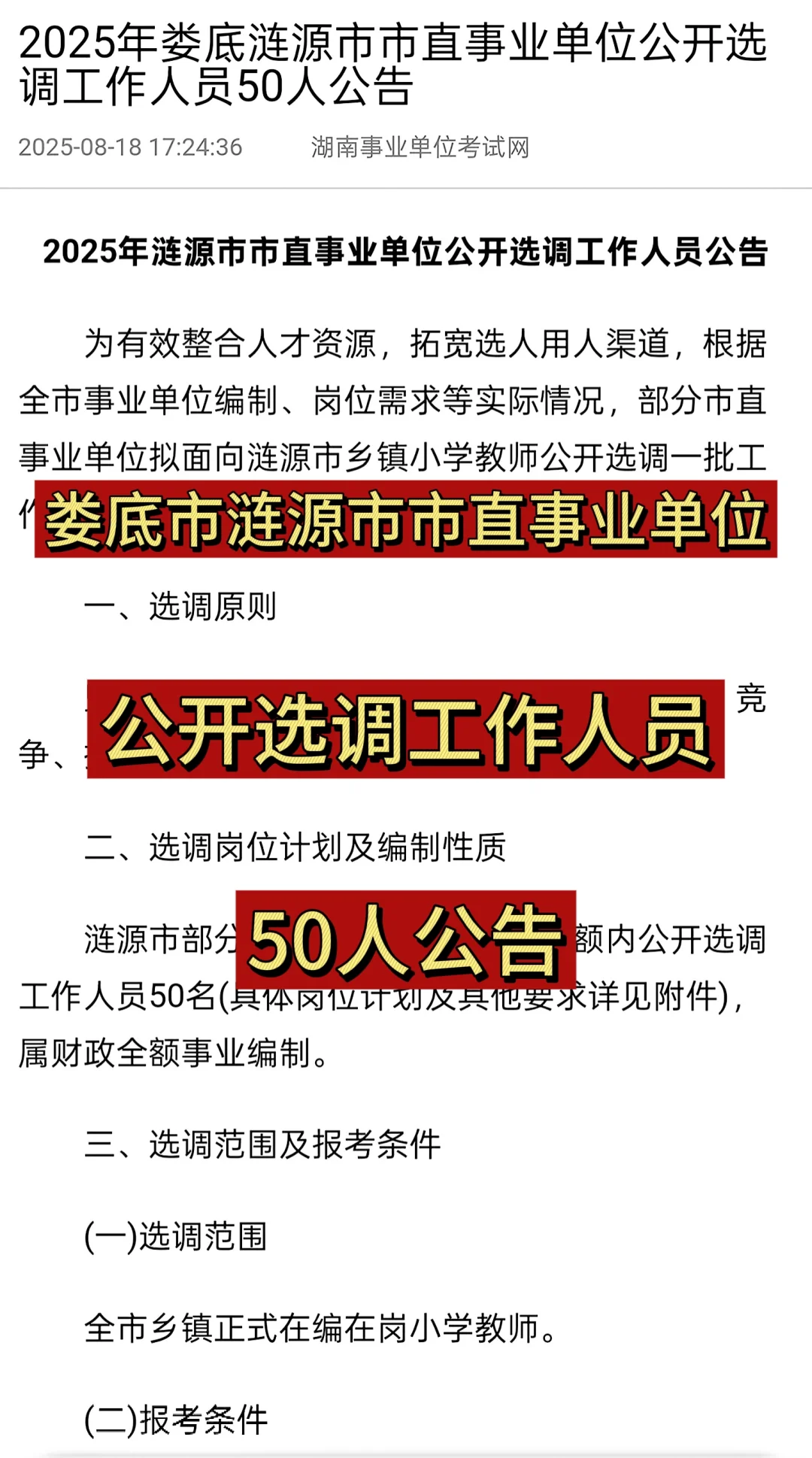 2025年娄底市涟源市市直事业单位公开选调
