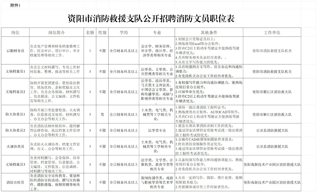 四川省资阳市消防救援支队公开招聘