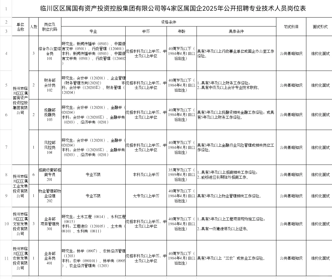 2025抚州临川区国控集团专业技术人才招考