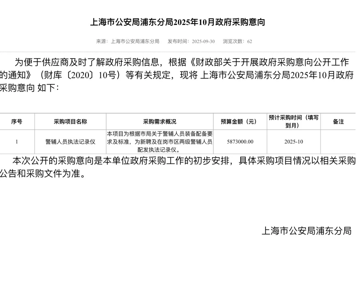 上海浦东分局市级区级辅警采购记录仪及电台