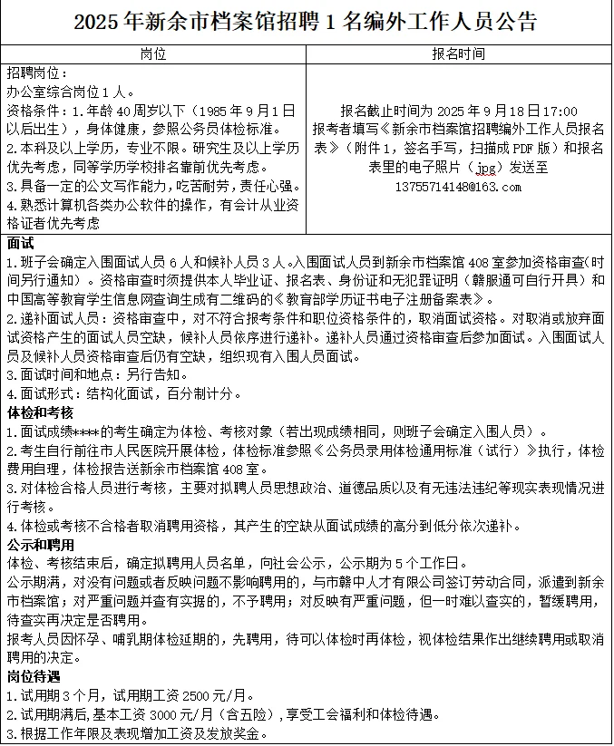 2025年新余市档案馆招1名编外人员