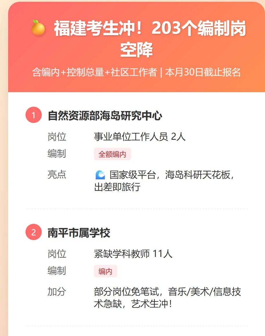 🍊203个编制岗突袭！福建事业单位上岸机会