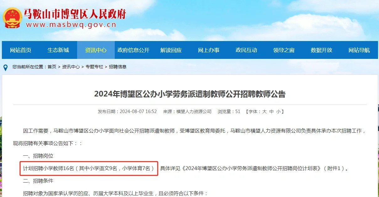 马鞍山市博望区派遣教师招16人！