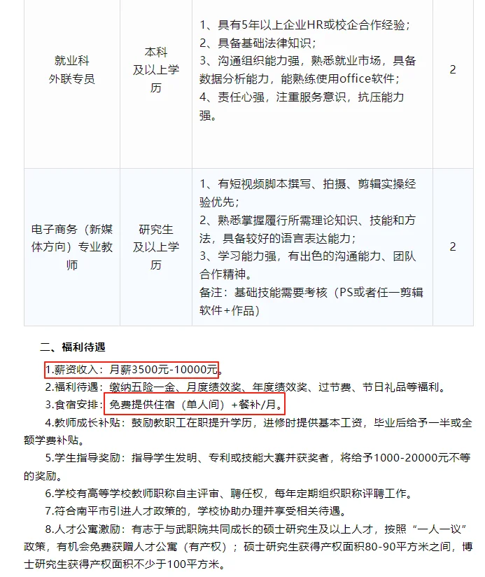 武夷山职院9人！月薪最高1W！免费住宿+餐补