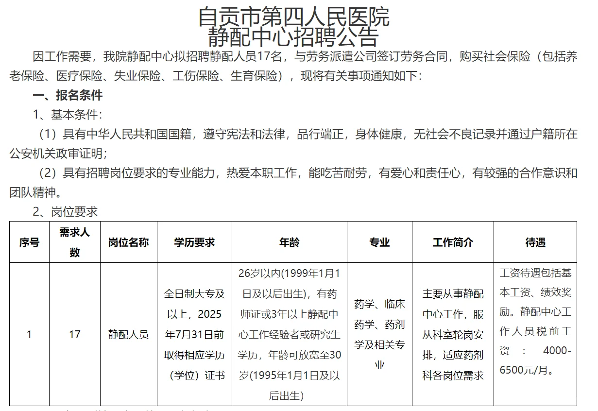 四川自贡市第四人民医院招聘药学17人
