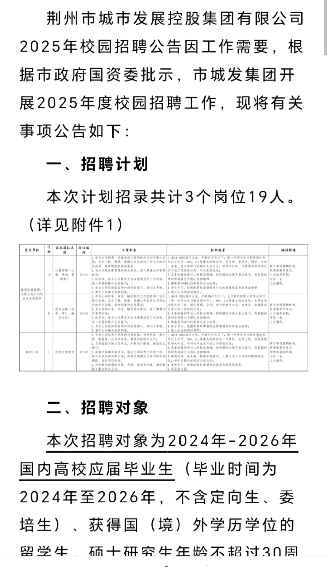 荆州市城发集团校园招聘19人