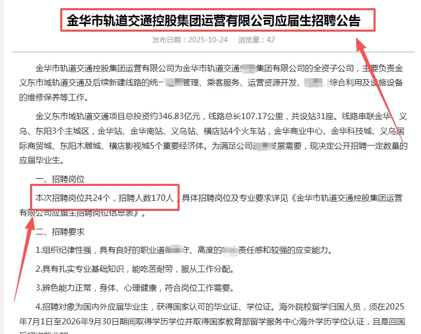 直接面试 | 金华轨道交通集团招170人