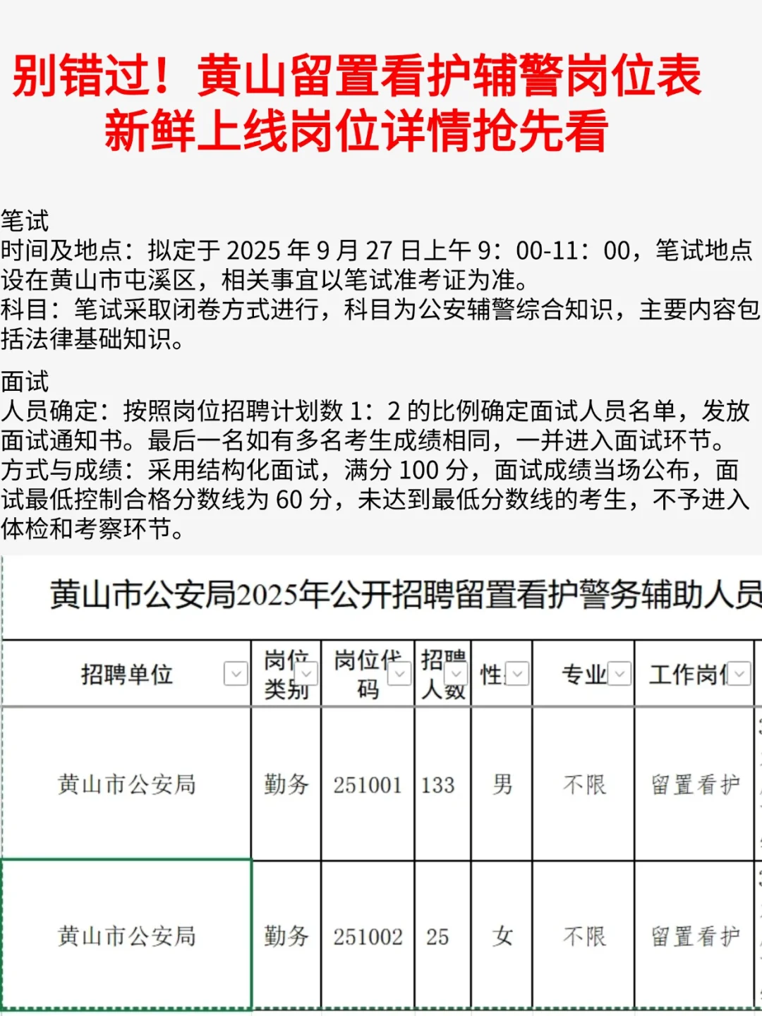 别错过！安徽黄山市辅警公告岗位详细抢先看
