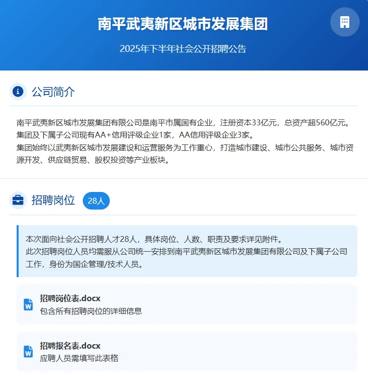 🏢 南平国企招聘｜28个岗位！