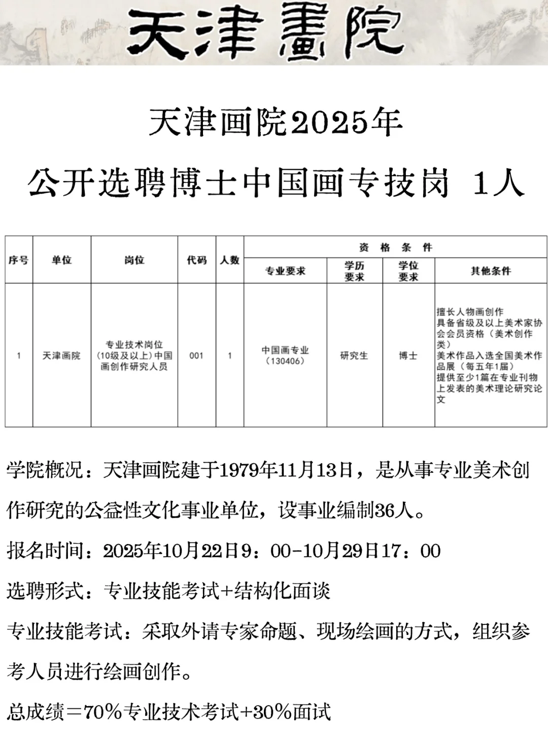 天津画院2025选聘博士中国画专技岗1人