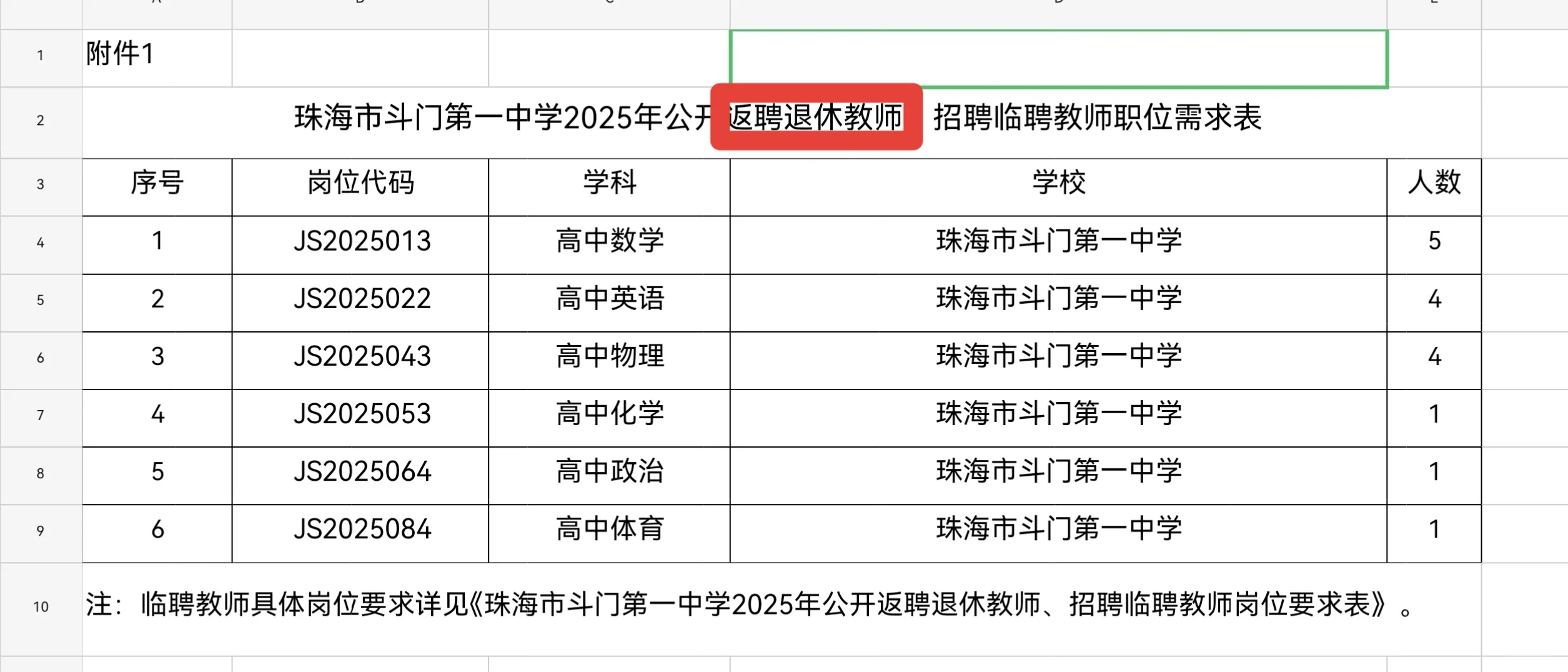 珠海市斗门一中招聘退休返聘和临聘教师