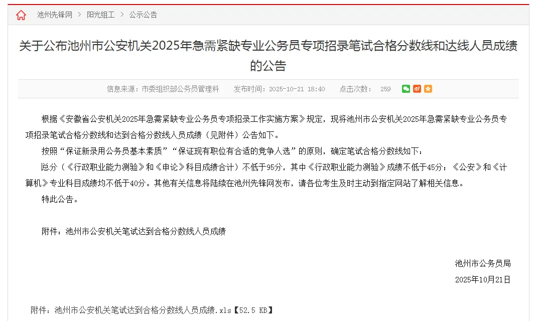 安徽公安专项公务员池州地区笔试成绩排名