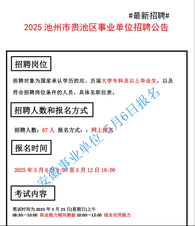 安徽事业单位单招公告已出 5月6日报名 有编