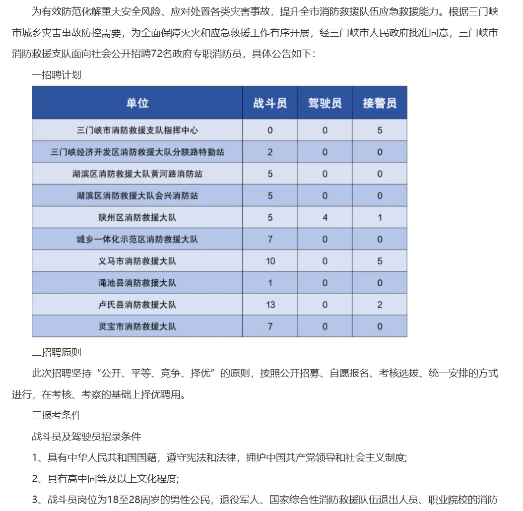 三门峡市消防救援支队招72人