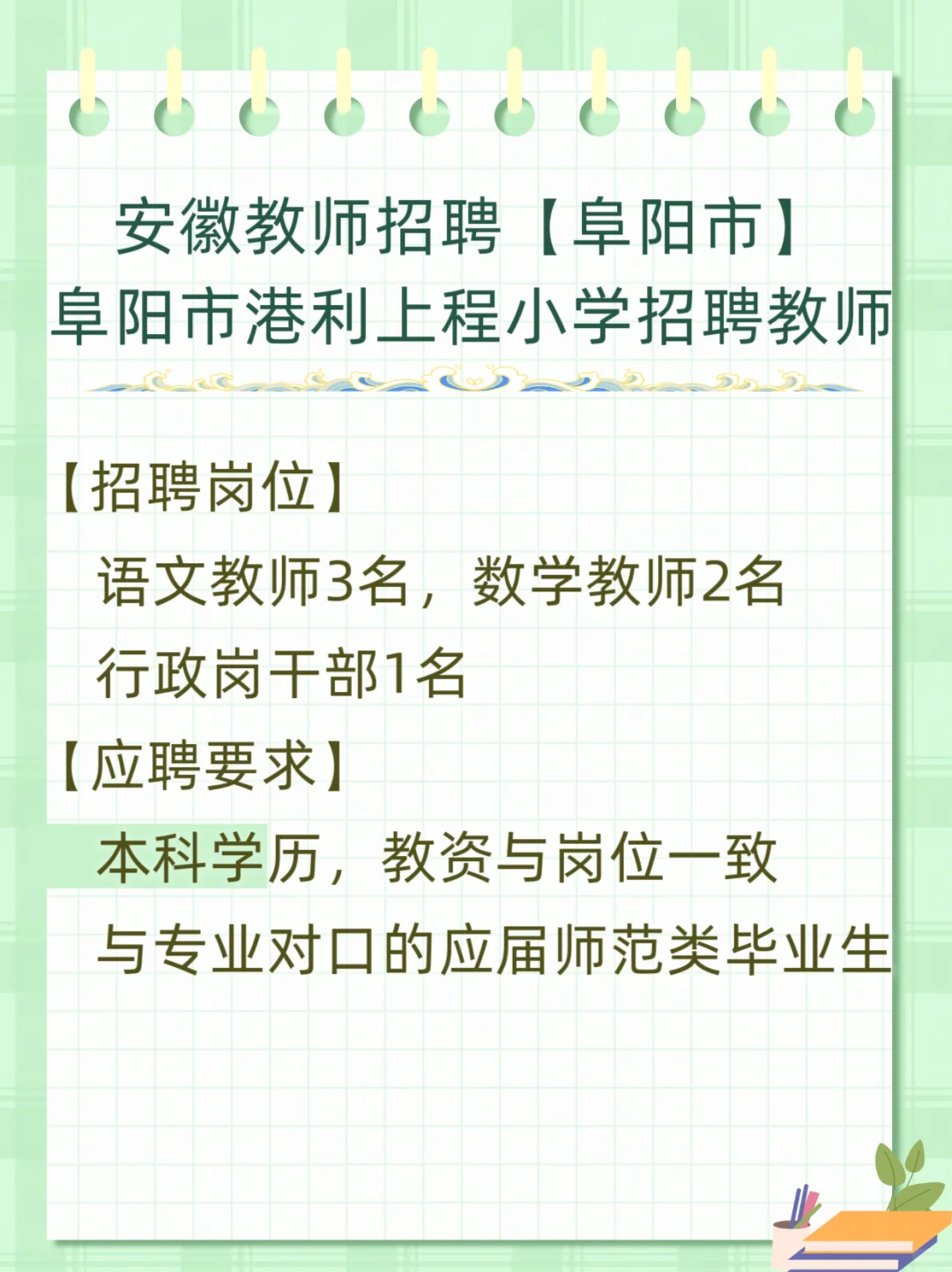 安徽阜阳市港利上城小学招聘教师