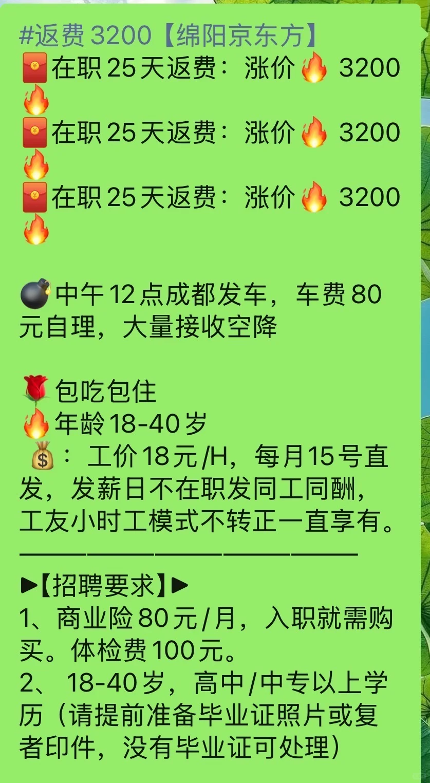 绵阳京东方，一个月拿返费3200