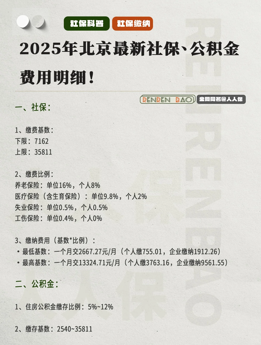 2025年北京社保公积金最新明细来啦