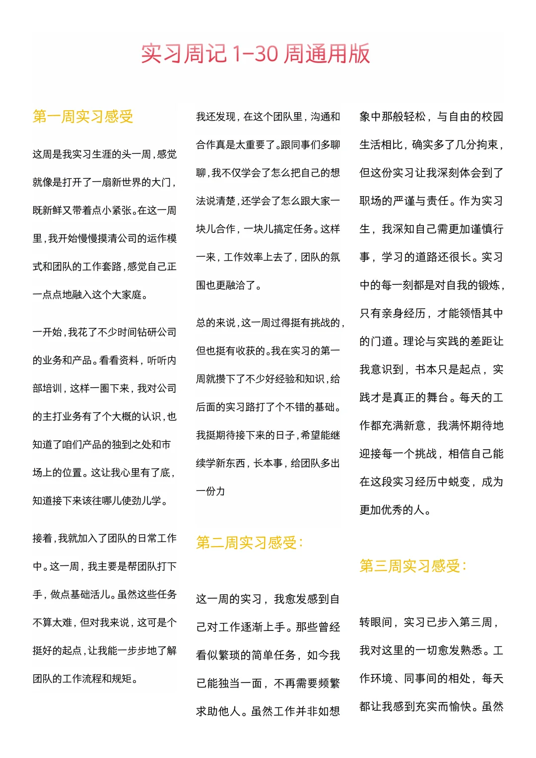 可以直接抄的大学生实习周记（1~30周）