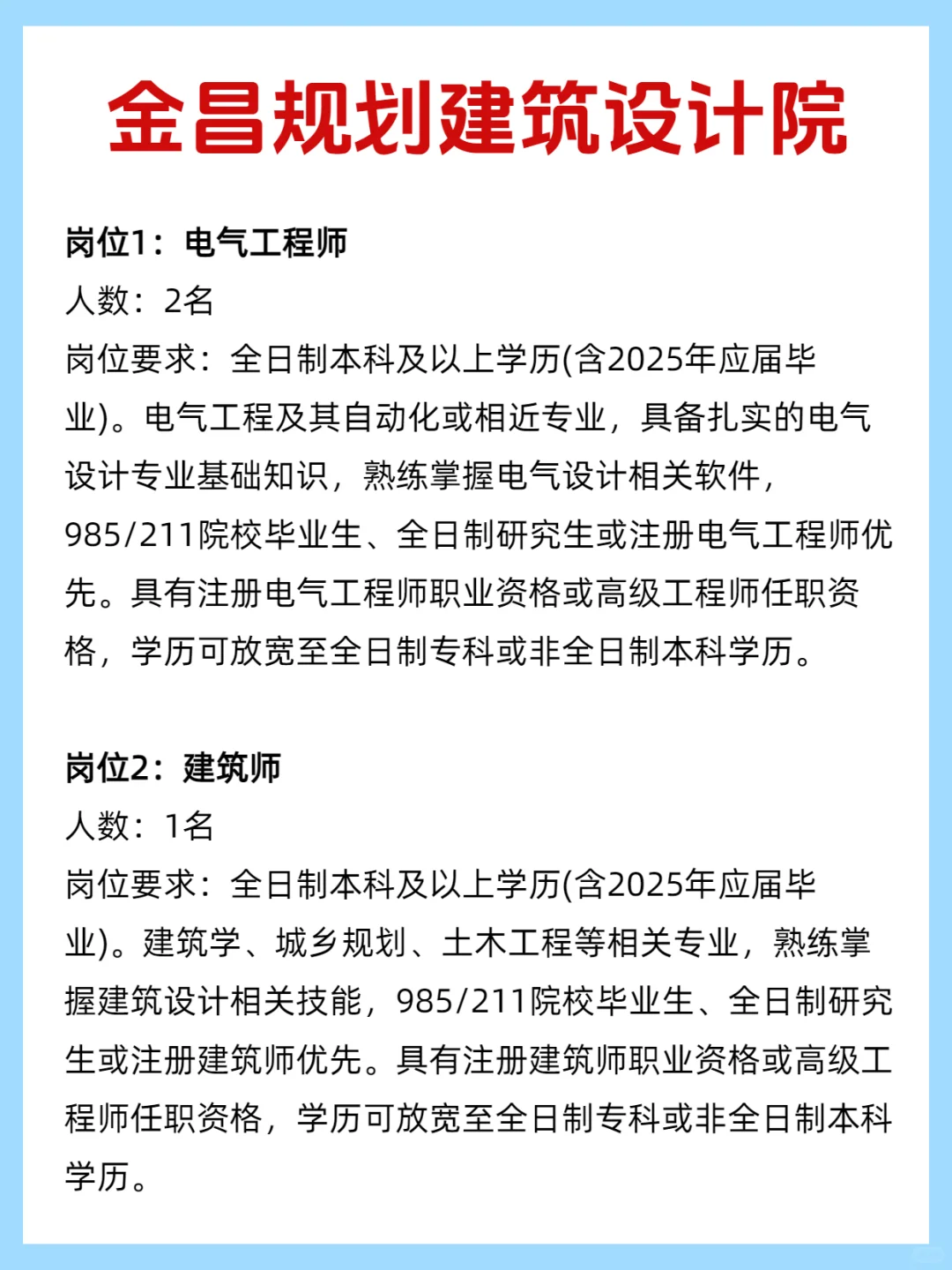 ✅金昌规划建筑设计院招专业技术！【国企】