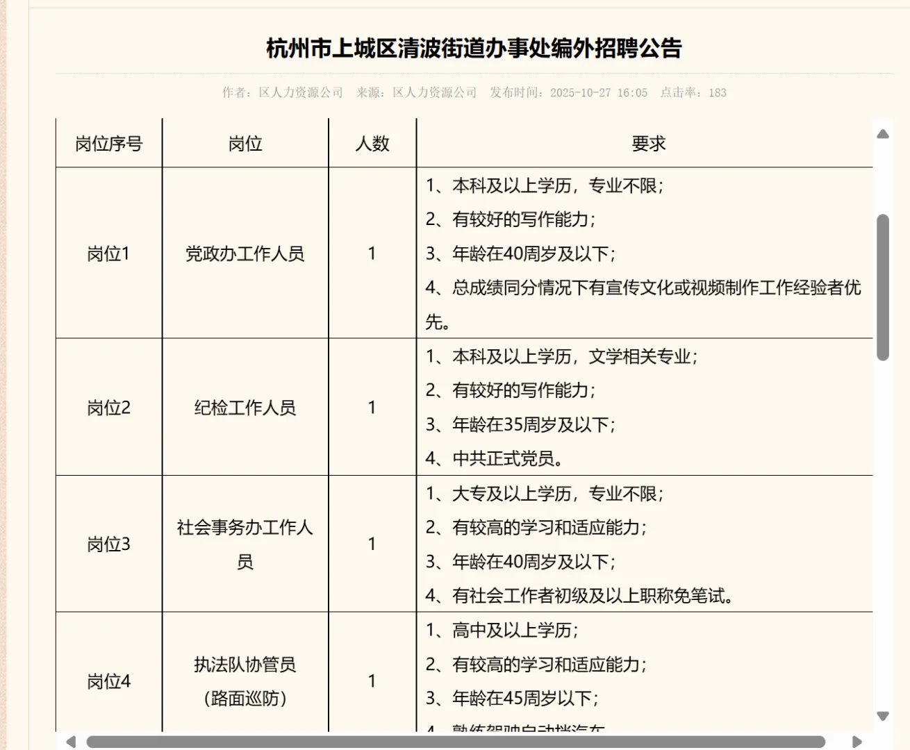 杭州市上城区清波街道办事处招聘编外4人