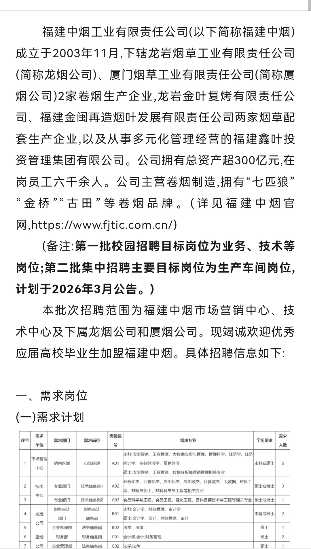 福建中烟2026年招聘信息