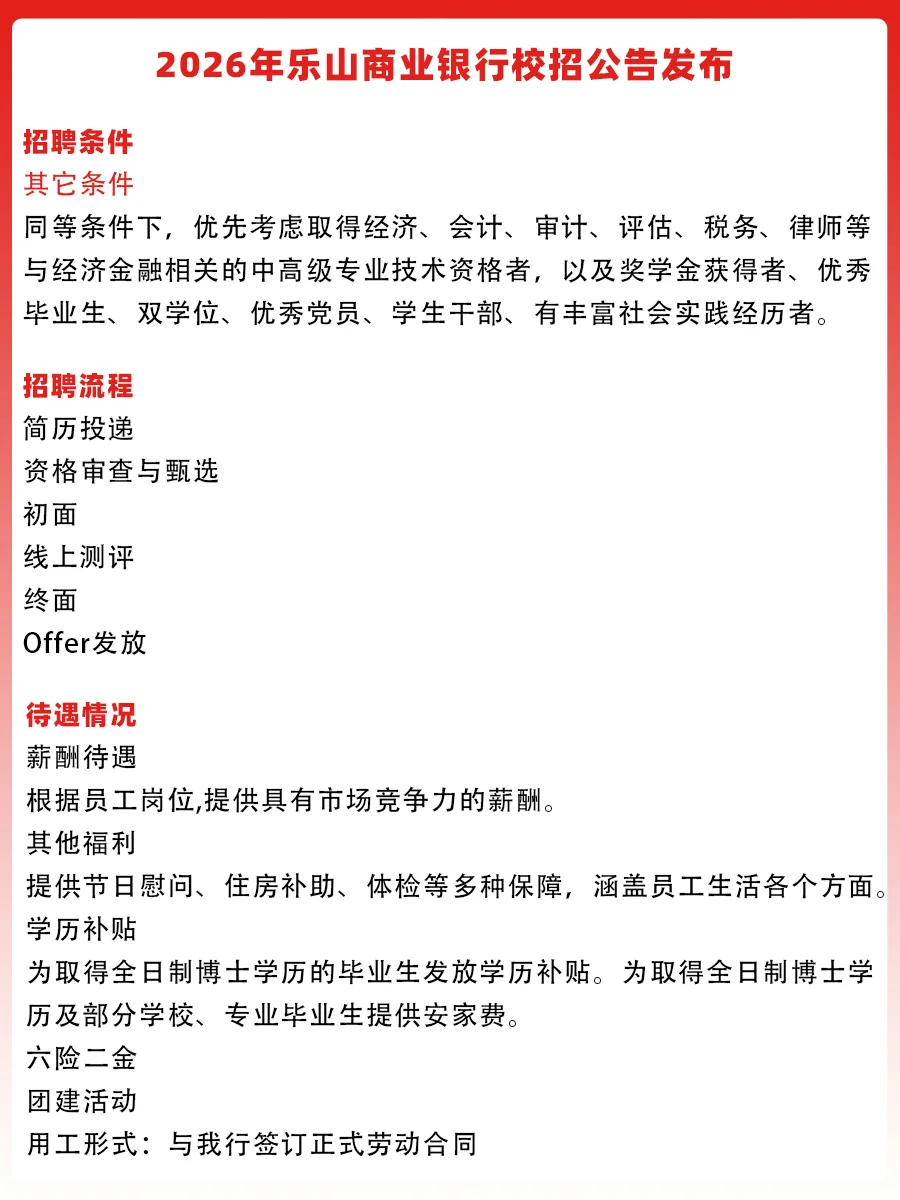 2026年乐山商业银行秋招公告发布