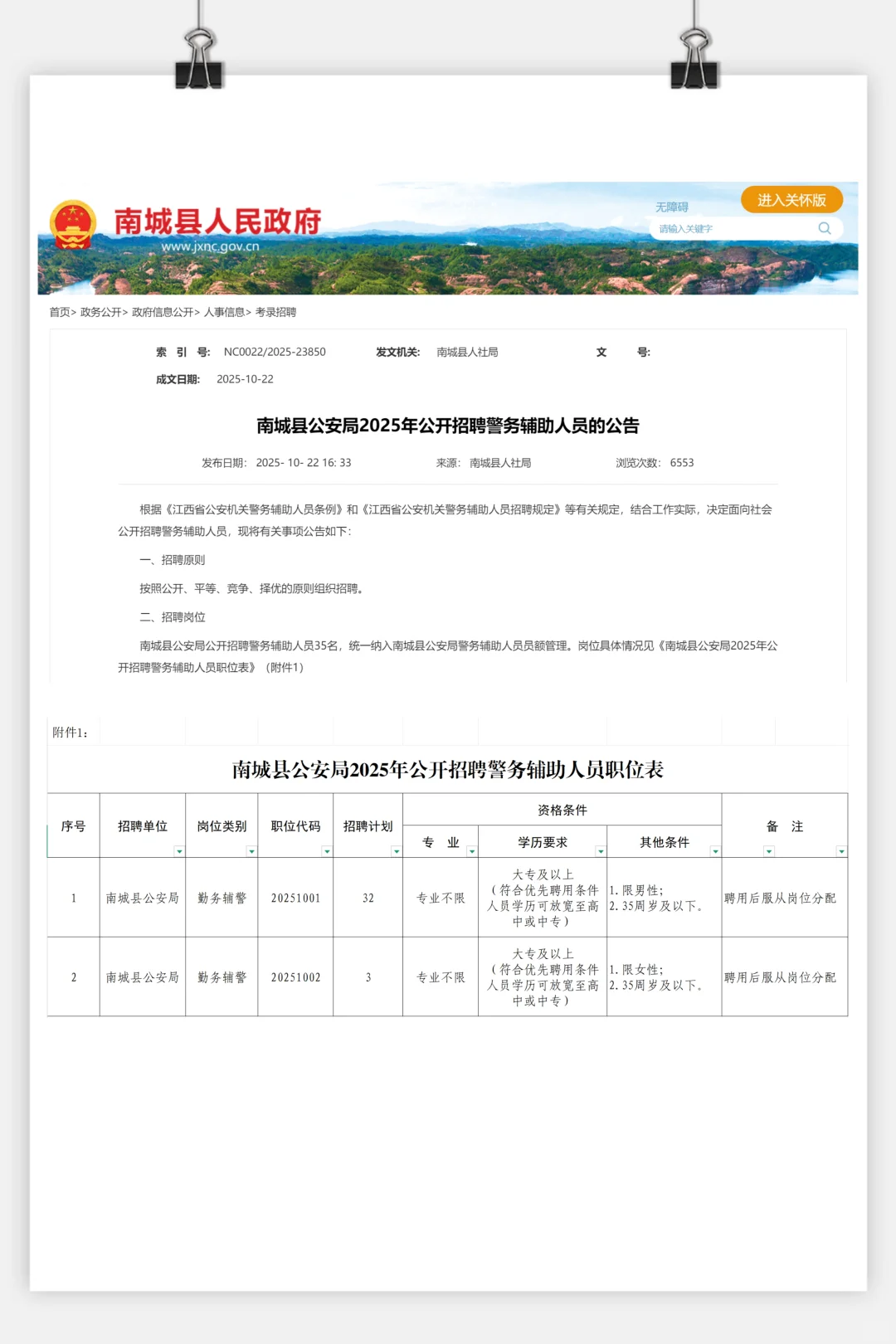 南城县公安局招辅警35人