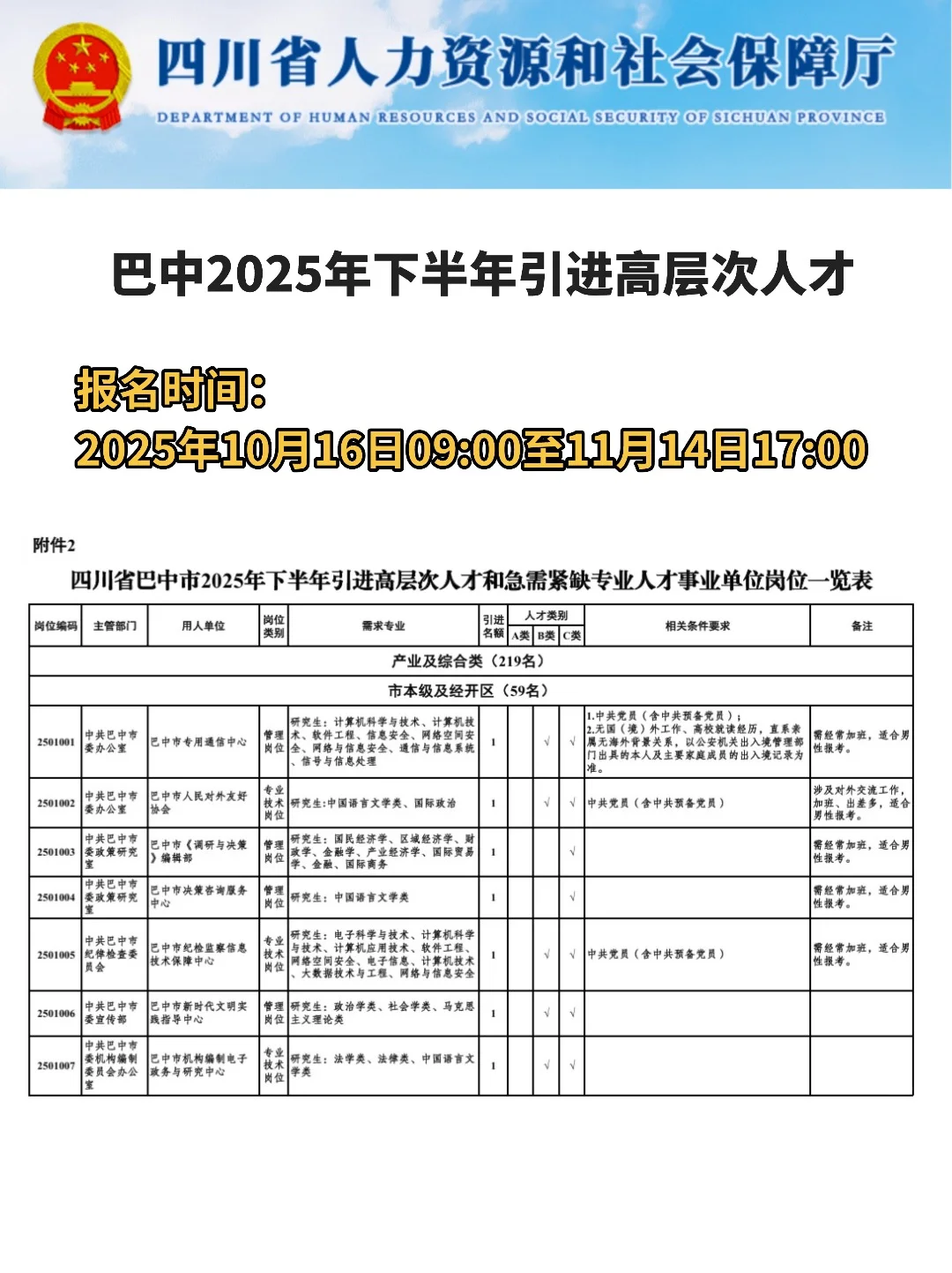 巴中2025年下半年引进高层次人才
