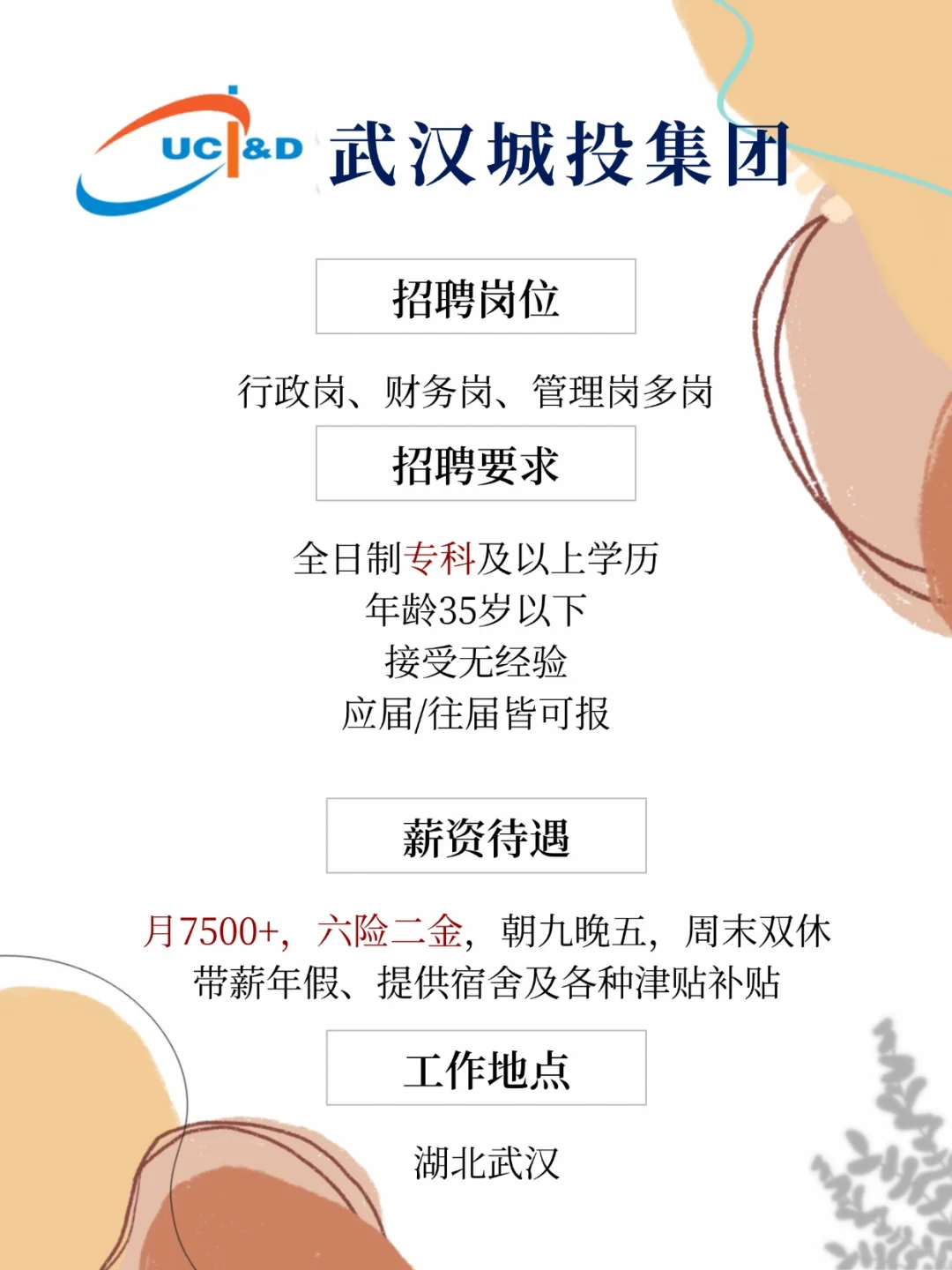 武汉城投集团招人 月7500+双休 专科起报