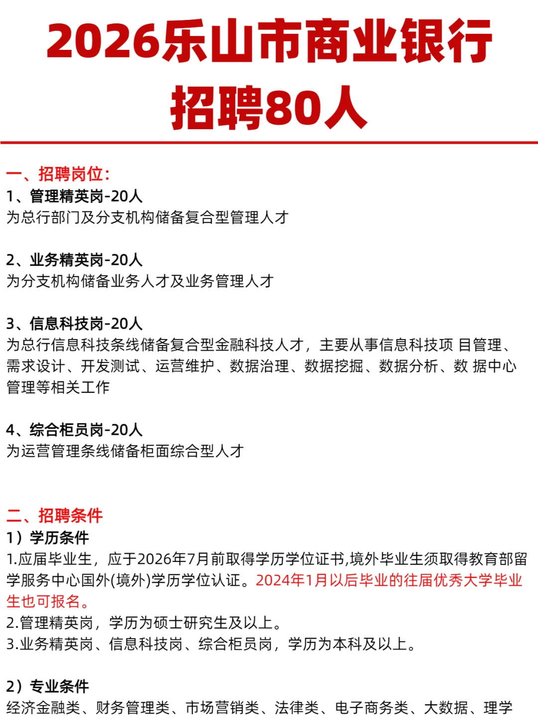 2026乐山市商业银行招聘80人