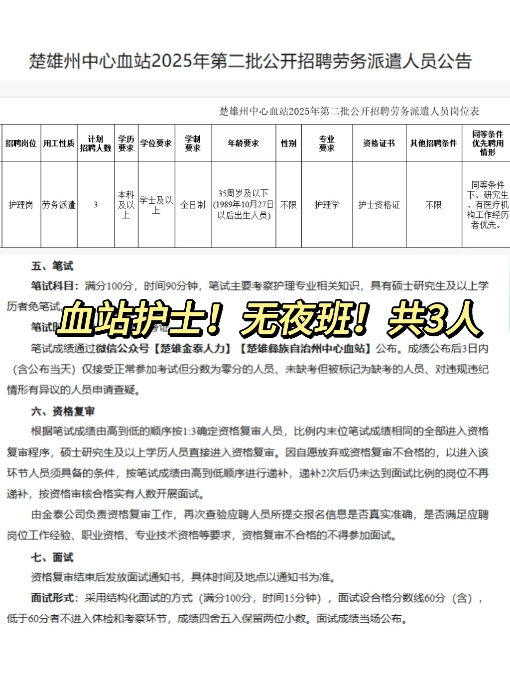 云南楚雄州中心血站｜采血护士3人‼️