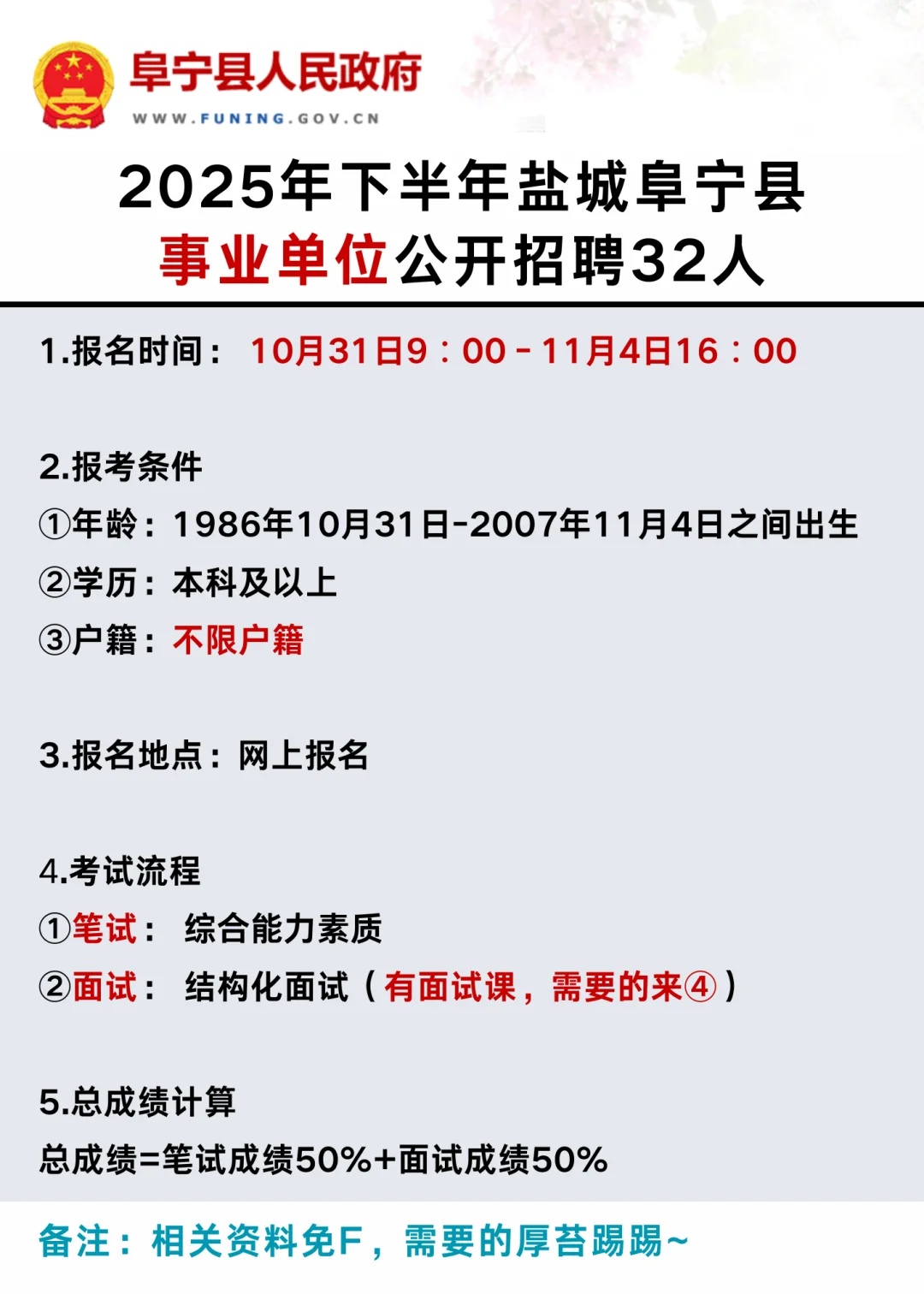 ‼️2025年盐城市阜宁县事业单位招聘32人