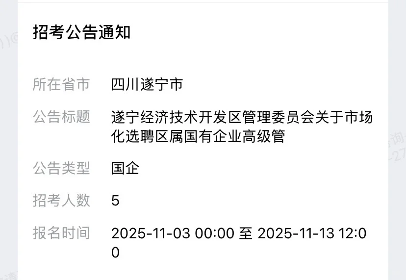遂宁国企招5人、报名11.3-11.13