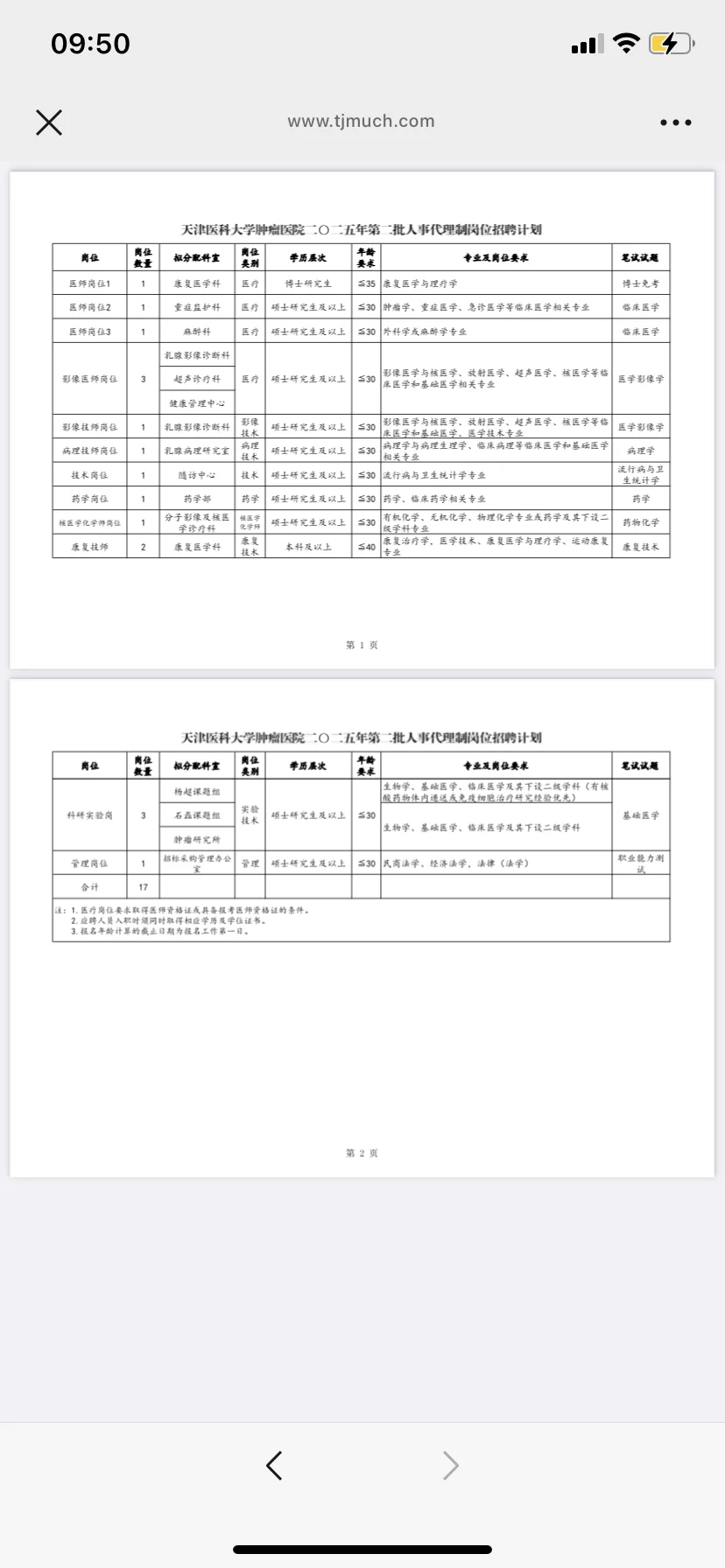 天津医科大学肿瘤医院招聘
