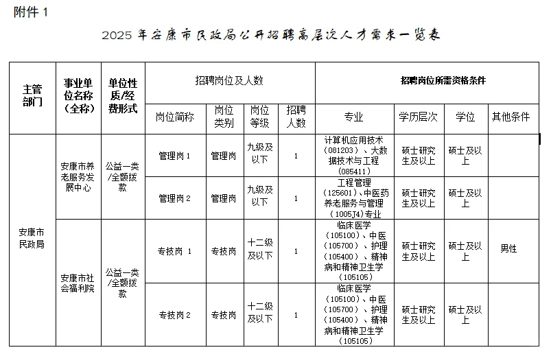 2025年安康市民政局公开招聘高层次人才4名