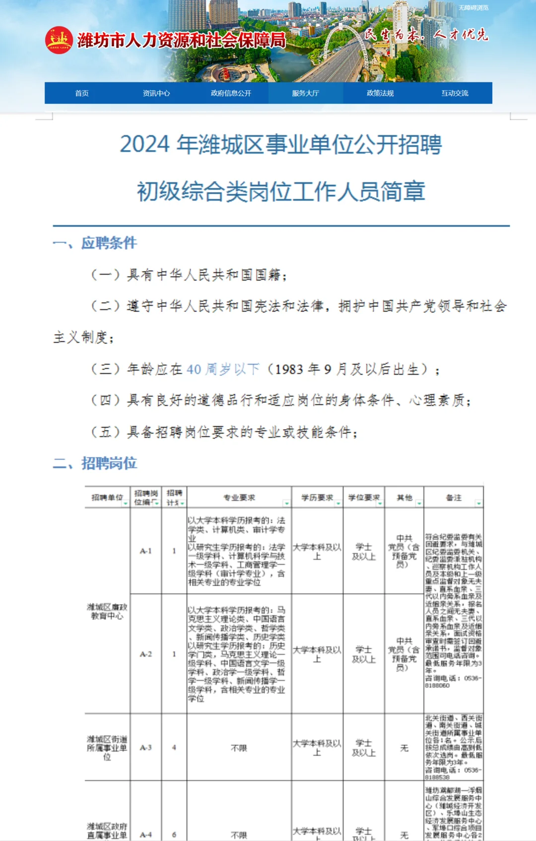 潍城区事业单位公开招聘初级综合类岗位工作
