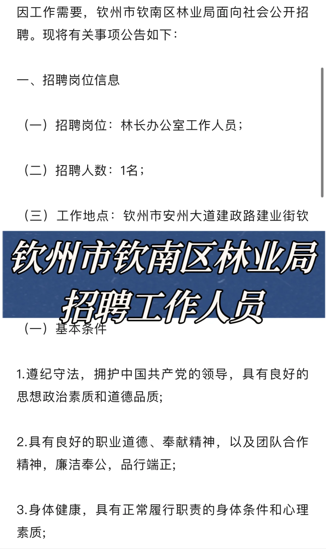 钦南区林业局招聘