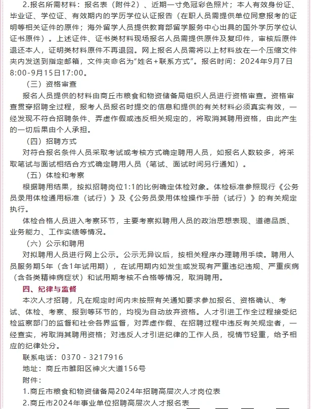 商丘市粮食和物资储备局2024年招聘公告