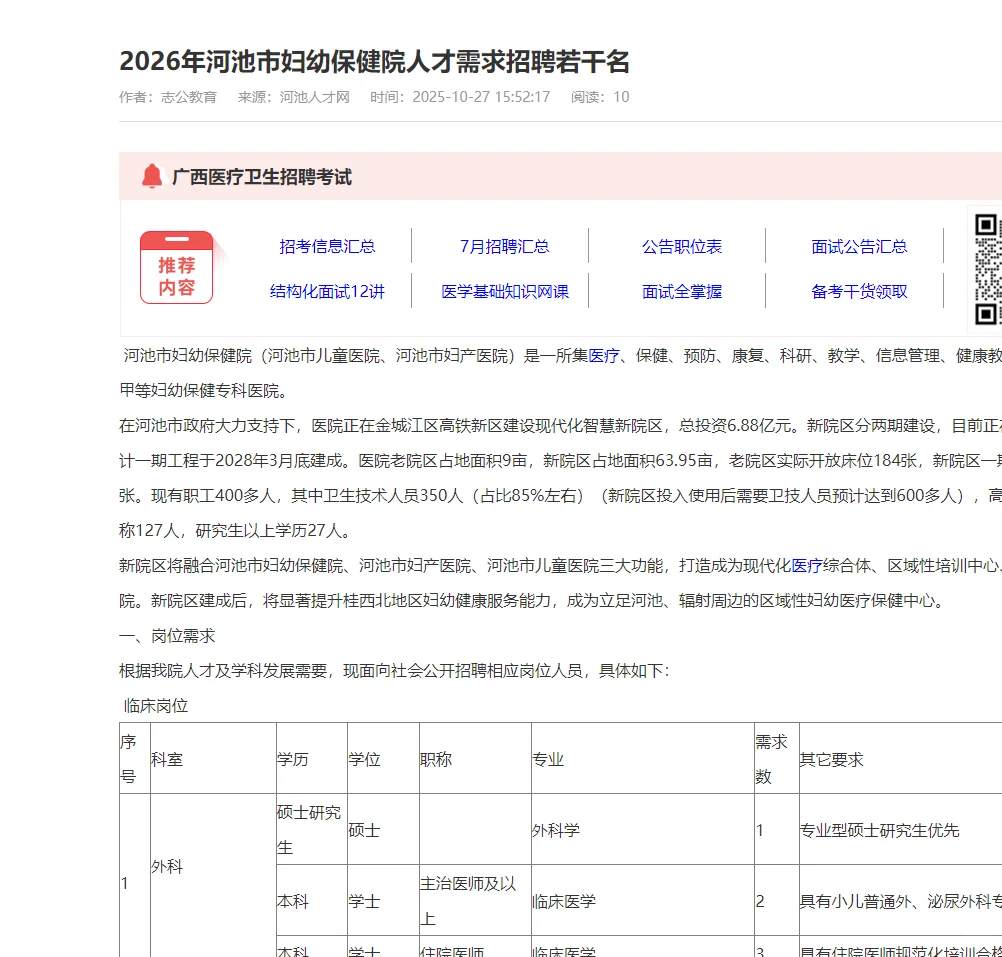 河池妇幼保健院招聘啦