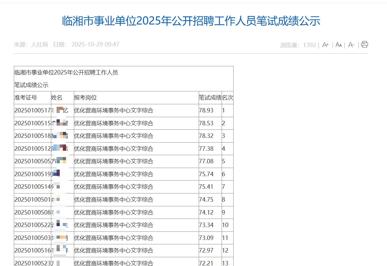 临湘笔试成绩这么快就出来了