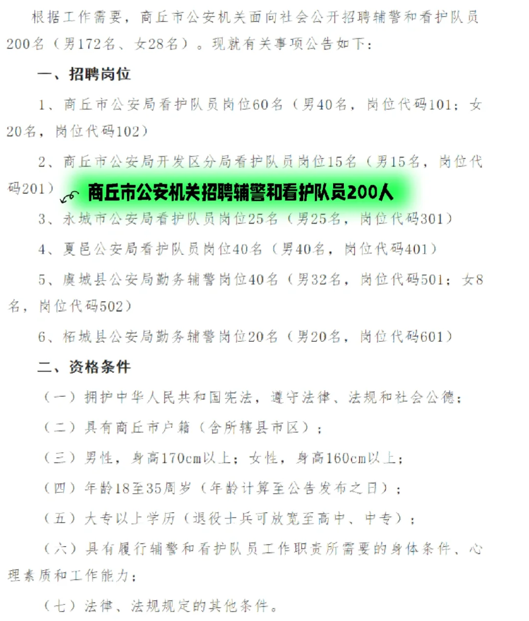 商丘市公安机关招聘辅警和看护队员公告